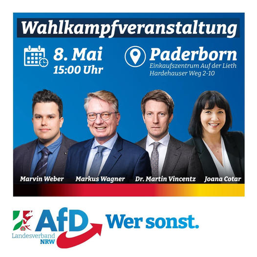 You are currently viewing AfD-Kundgebung zur Landtagswahl am Sonntag, 8. Mai Auf der Lieth in Paderborn