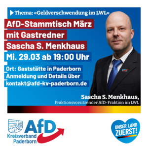 Read more about the article AfD-Stammtisch am Mittwoch, 29. März ab 19:00 Uhr in Paderborn