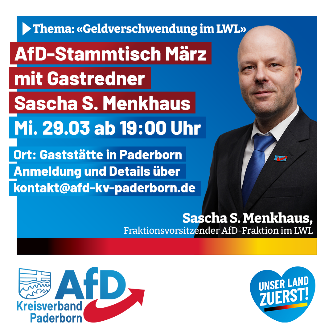 Read more about the article AfD-Stammtisch am Mittwoch, 29. März ab 19:00 Uhr in Paderborn