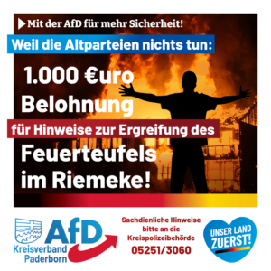 Read more about the article 1.000 € Belohnung für Hinweise zum Feuerteufel im Riemeke-Viertel